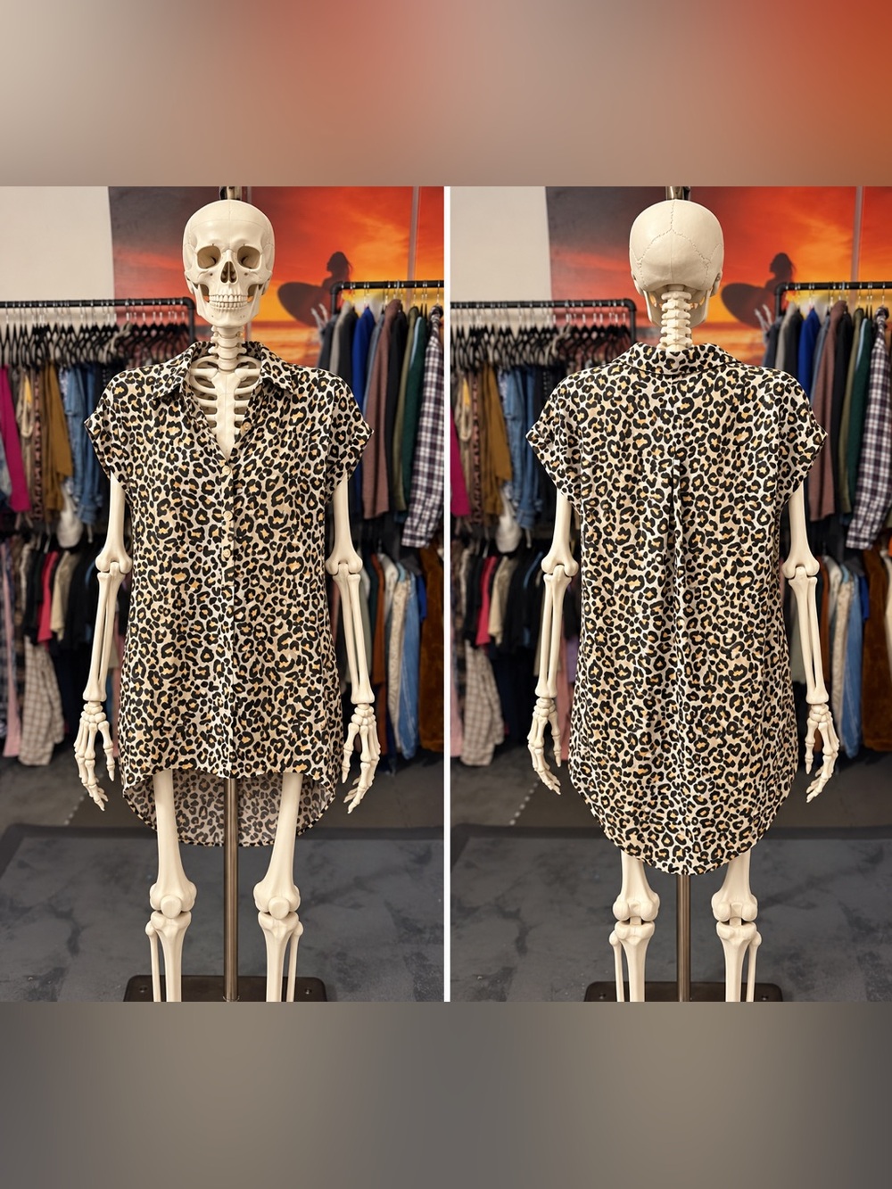 Leopard Print Short Sleeve Button-Front Casual Dress - Tan & Black